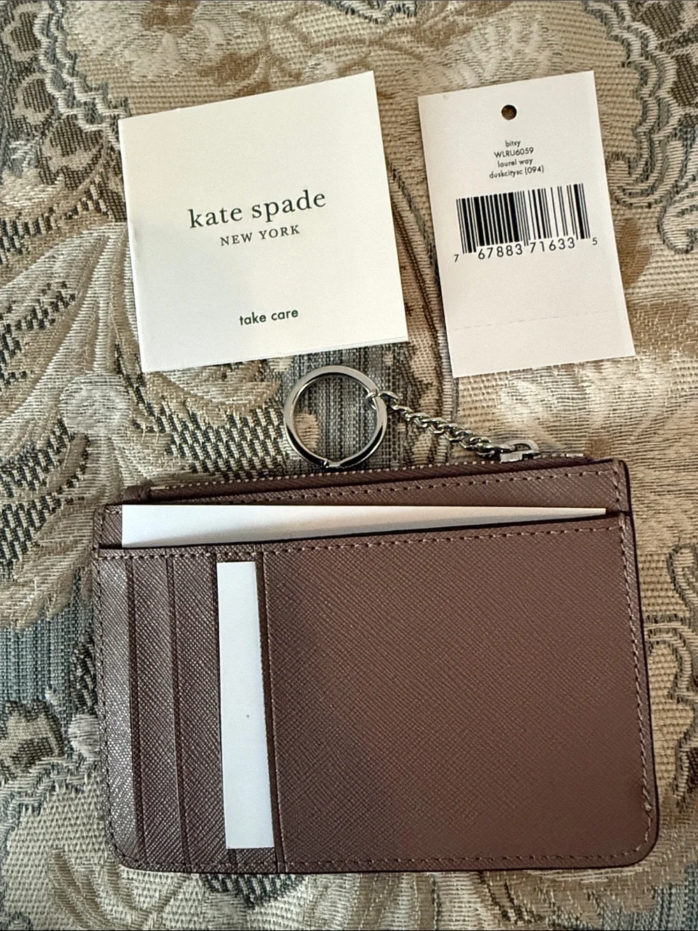 NWT Kate Spade New York Taupe Saffiano Zip Card Holder Wallet